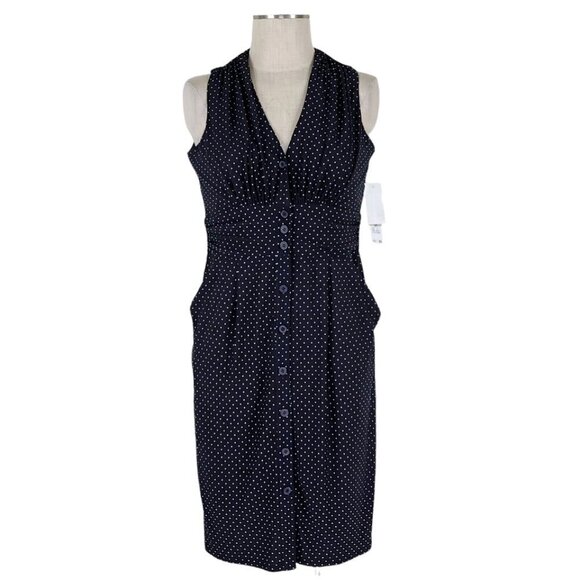 Evan Picone Halter Dress Size 12P Black Ivory Polka Dot Button Front Pockets New - Picture 1 of 12